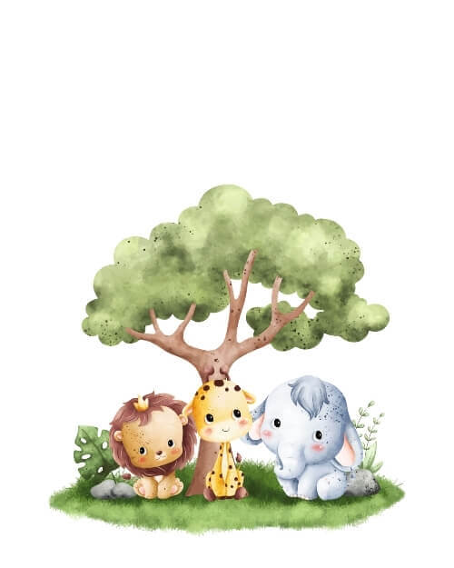 Unik affisch med bebisar under ett träd, personlig med namn och datum