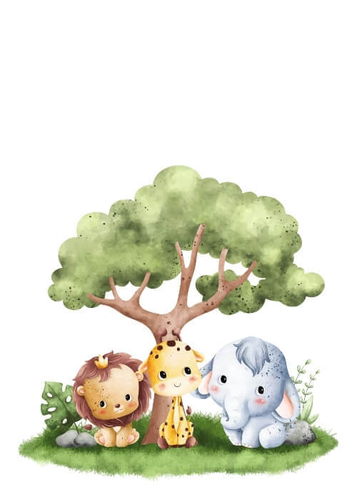 Unik affisch med bebisar under ett träd, personlig med namn och datum