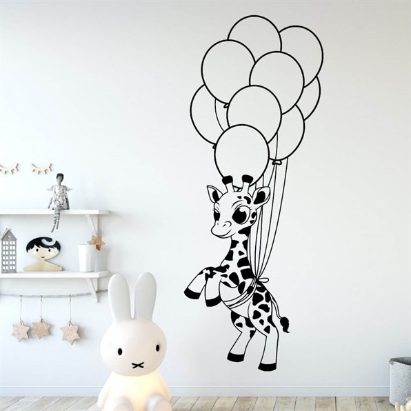 Wallstickers med gullig giraff som flygande i ballonger