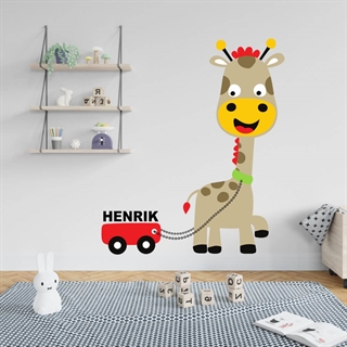 Wallstickers - Söt giraff med vagn och eget namn