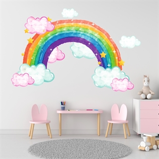 Wallstickers regnbåge i akvarell med moln och stjärnor