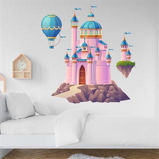 Tryckt - Äventyrsplats - wallstickersn. Fantastiskt vackert slott i rosa, turkosa och gyllene nyanser och en luftballong