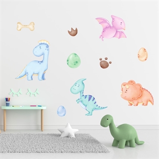 akvarell wallstickerser med söt dinosaurie och ägg och ben