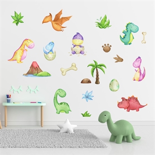 akvarell väggdekaler med söt dinosaurie och ägg och ben