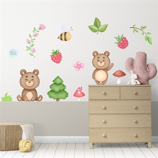 Akvarell stickers med söta björnar i skogen