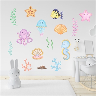 akvarell wallstickerser med djur i havet, växter och musslor