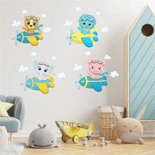 Tiger, dino, elefant och gris i flygplan - Wallsticker