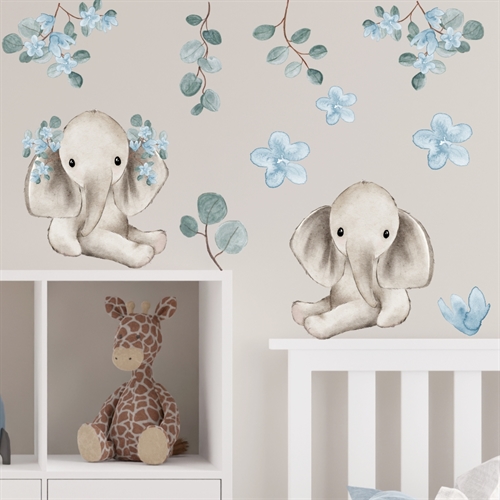 Wallstickers med babyelefanter och blommor