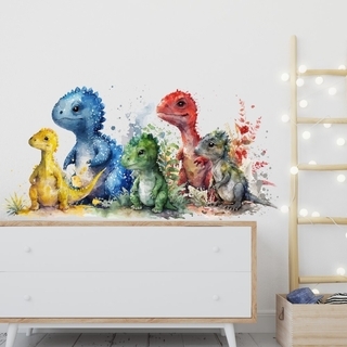 Akvarell väggdekal med 5 dinosaurier