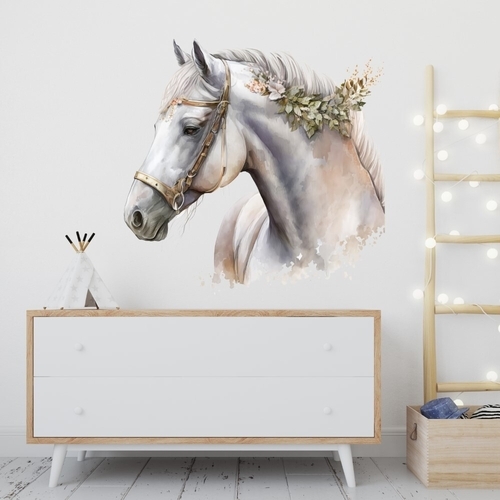 Akvarell väggdekal med en vit häst och blommor