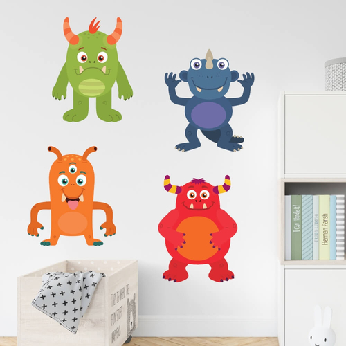 4 söta och roliga monster som väggklistermärke till barnrummet