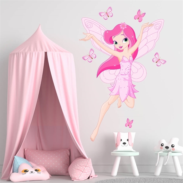 wallstickerser med supersöt dansfe i vacker rosa och rosa färg med fjärilar