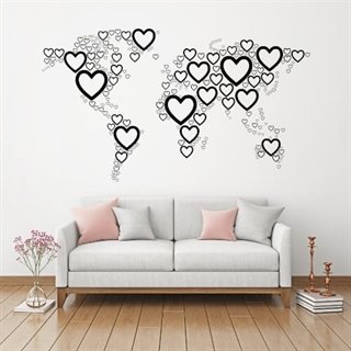 Väldskarta med hjärtan - Wallstickers